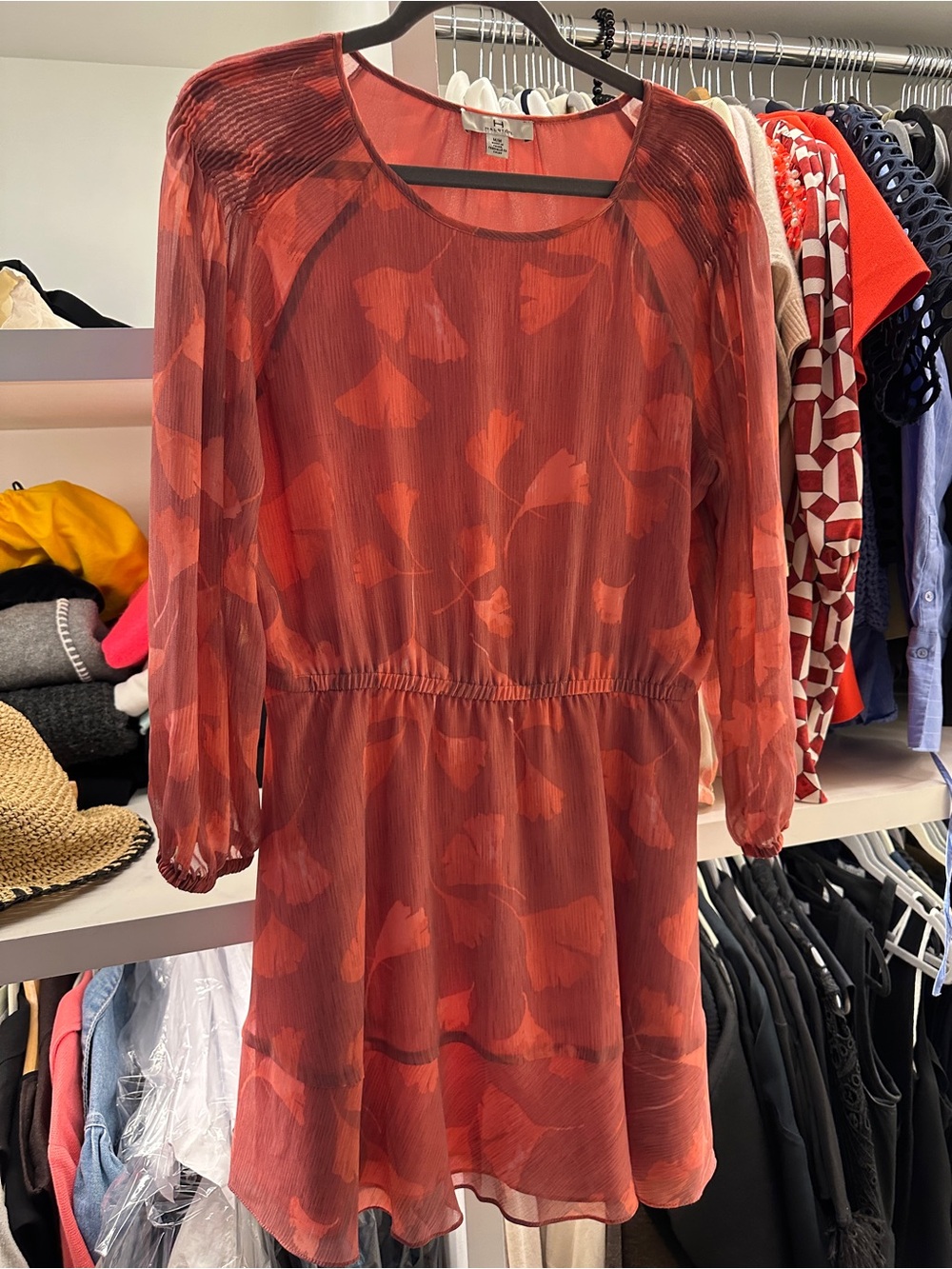 Halston Heritage Coral Red Floral Long-Sleeve Mini Dress